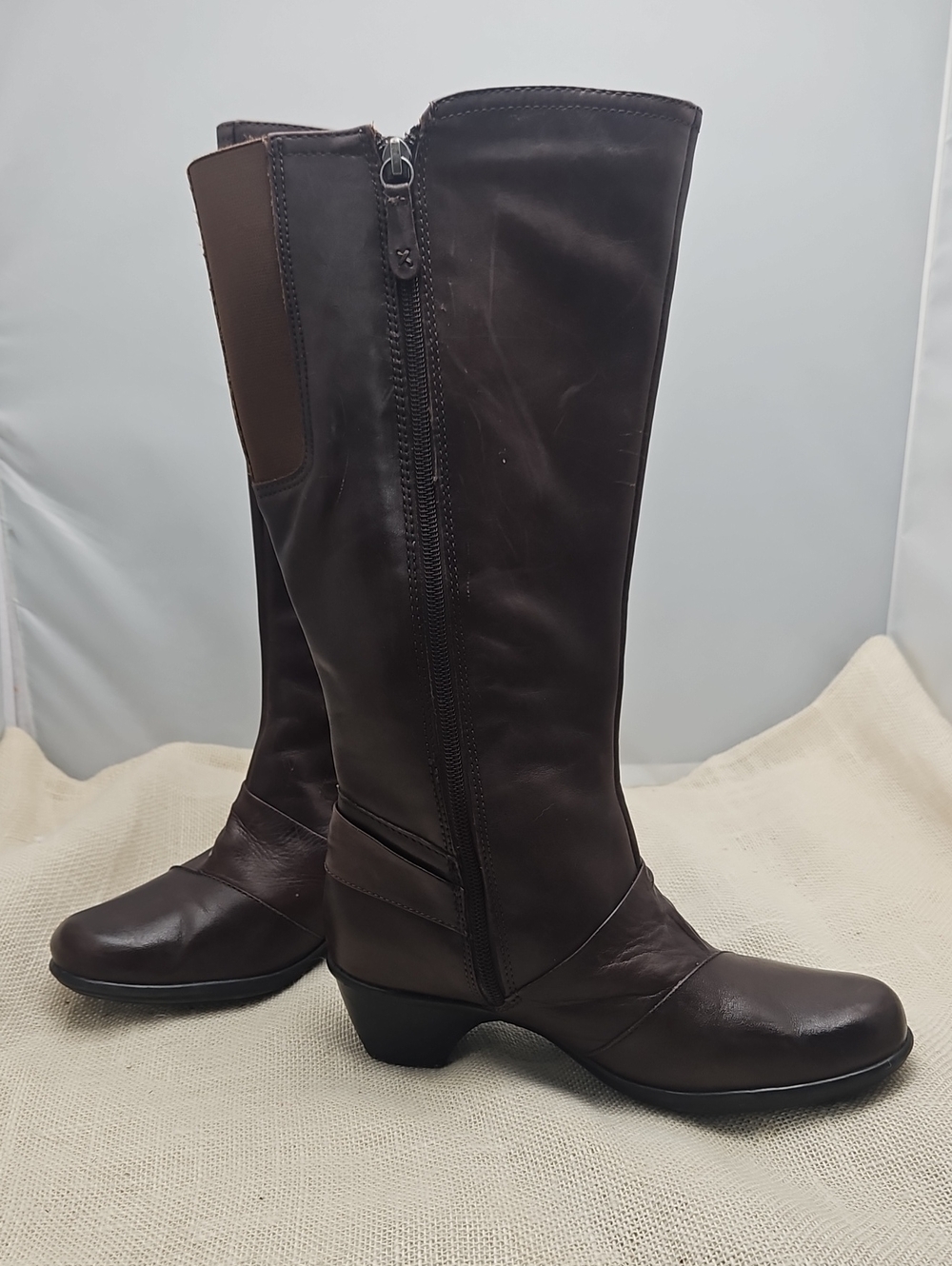 Women's- Clarks ,Brown leather Knee-High Zip Boots